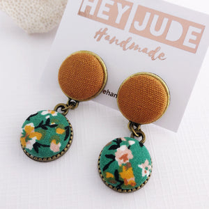 Small Bronze Earrings-Double Drops-fabric button features-Saffron Linen and Green Summer Floral-Hey Jude Handmade