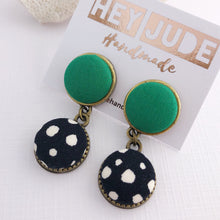 Load image into Gallery viewer, Small Bronze Earrings-Double Drops-Fabric Button Features-Vivid Green and Black, white spots-Hey Jude Handmade