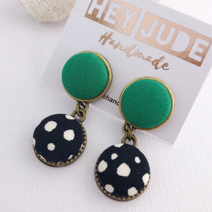 Small Bronze Earrings-Double Drops-Fabric Button Features-Vivid Green and Black, white spots-Hey Jude Handmade