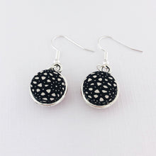 Load image into Gallery viewer, Front view-Small Silver Dangle Earrings-Double Sided-Black and White fabric-Hey Jude Handmade