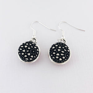 Front view-Small Silver Dangle Earrings-Double Sided-Black and White fabric-Hey Jude Handmade