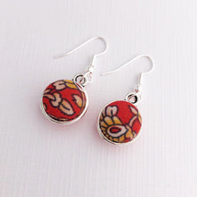 Load image into Gallery viewer, Front View-Small Silver Dangle Earrings-Double Sided-Rust Filigree fabric pattern-Hey Jude Handmade