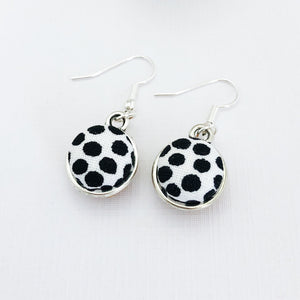 Small Double Sided Silver Dangle Earrings-Front view-White black dots-Hey Jude Handmade