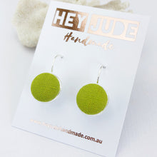 Load image into Gallery viewer, Silver Bezel Drop Earrings with Chartreuse Linen-Hey Jude Handmade