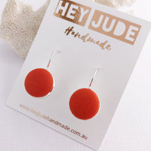 Load image into Gallery viewer, Small Silver Drop Earrings-Bezel Drops-Fabric Buttons-Bright Orange-Hey Jude Handmade