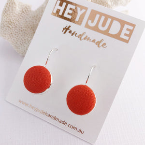 Small Silver Drop Earrings-Bezel Drops-Fabric Buttons-Bright Orange-Hey Jude Handmade