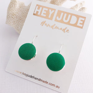 Small Silver Drop Earrings-Bezels-fabric button features-Vivid Green-Hey Jude Handmade