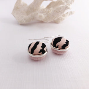 Side View-Silver Dangle Earrings-Double Sided-Pink Zebra Print and Pale Pink Linen-Hey Jude Handmade