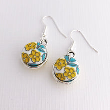 Load image into Gallery viewer, Front View-Small Silver-Double Sided-Dangle Earrings-Yellow flowers-Hey Jude Handmade