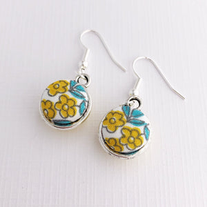 Front View-Small Silver-Double Sided-Dangle Earrings-Yellow flowers-Hey Jude Handmade