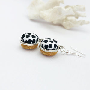 Side View-Silver Dangle Earrings-Double Sided-White Black Dots and Tikka coloured linen-Hey Jude Handmade