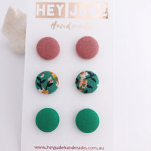 Load image into Gallery viewer, Small Fabric Studs-3 pack-Dusky Rose Linen, Green Summer Floral, Green-Hey Jude Handmade