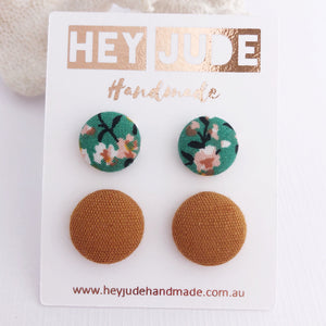 Fabric Button Stud Earrings-2 pack-Green Summer Floral and Saffron Linen-Hey Jude Handmade