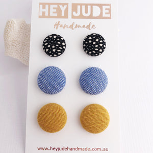 Fabric Button Stud Earrings-3 pack-Black Pattern, Light Blue, Mustard Yellow Linen Earrings-Hey Jude Handmade