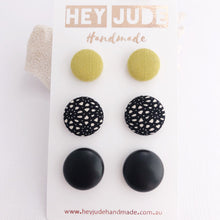 Load image into Gallery viewer, Stud Earrings-3 pack-Fabric Buttons-Lime Mustard Linen, Black Pattern, Black Leatherette Studs-Hey Jude Handmade