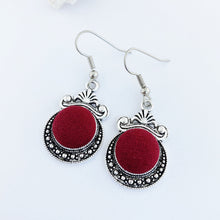 Load image into Gallery viewer, Vintage style Dangle Earrings-Antique Silver setting with fabric covered button feature-Maroon-Hey Jude Handmade