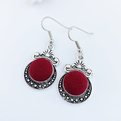 Vintage style Dangle Earrings-Antique Silver setting with fabric covered button feature-Maroon-Hey Jude Handmade