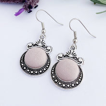 Load image into Gallery viewer, Vintage Earrings-Antique Silver Dangle Earrings-with fabric covered button feature-Icy Pink-Hey Jude Handmade