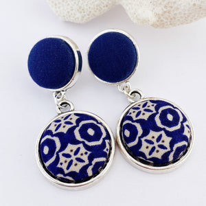 Antique Silver Statement Earrings- double drops with fabric features-dark blue smaller stud upper- dark blue cream pattern larger lower feature-Hey Jude Handmade