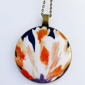 Large Long Brass Pendant Necklace-on Bronze chain- with fabric feature-Navy with white and rust flower- Hey Jude Handmade