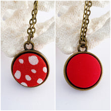 Load image into Gallery viewer, Mini Reversible Pendant Necklace-Small two sided fabric features set in bronze setting-Bright Red with random white spots + bright red reverse-bronze chain-Hey Jude Handmade
