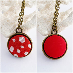 Mini Reversible Pendant Necklace-Small two sided fabric features set in bronze setting-Bright Red with random white spots + bright red reverse-bronze chain-Hey Jude Handmade