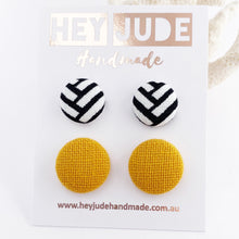 Load image into Gallery viewer, Fabric Button Stud Earrings-2 pack- small and medium sized Studs-White Black geometric pattern + Mustard Yellow woven fabric-Hey Jude Handmade