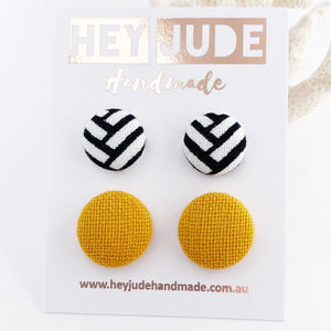 Fabric Button Stud Earrings-2 pack- small and medium sized Studs-White Black geometric pattern + Mustard Yellow woven fabric-Hey Jude Handmade