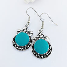 Load image into Gallery viewer, Silver Dangle Earrings-Vintage style earrings-Antique Silver setting with fabric covered button feature-Turquoise Green-Hey Jude Handmade