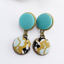 Load image into Gallery viewer, Small Bronze Stud Dangles- Double Drops- with fabric features- Mint upper- Mint Gold Black patterned lower- hidden tree of life carving on reverse- Hey Jude Handmade