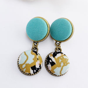 Small Bronze Stud Dangles- Double Drops- with fabric features- Mint upper- Mint Gold Black patterned lower- hidden tree of life carving on reverse- Hey Jude Handmade