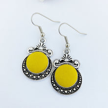 Load image into Gallery viewer, Vintage Style Silver Earrings-Dangle Earrings-Antique silver setting with fabric covered button feature-Bright mustard Yellow-Hey Jude Handmade
