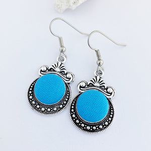 Vintage Style Dangle Earrings-Antique Silver setting with fabric covered button feature-Vivid Sky Blue-Hey Jude Handmade