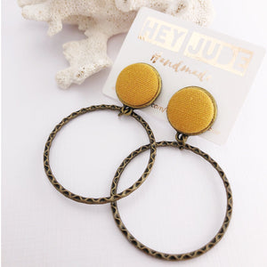 Hoop Earrings, Bronze Stud Dangles in Mustard Yellow coloured Linen 
