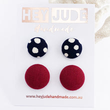 Load image into Gallery viewer, Fabric Button Stud Earrings-2 pack small and medium sized-Ink white spots + Maroon-Hey Jude Handmade