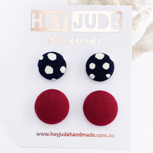 Fabric Button Stud Earrings-2 pack small and medium sized-Ink white spots + Maroon-Hey Jude Handmade