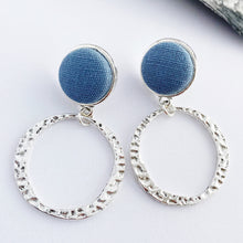 Load image into Gallery viewer, Antique Silver Hoop Earrings-Stud Dangles with fabric button feature-Duck Egg Blue Linen-Hammered textured irregular hoop-Hey Jude Handmade