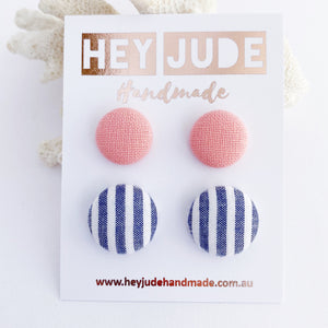 Fabric Stud Earrings-2 pack-Peachy Pink + Wide Denim Stripes-Hey Jude Handmade