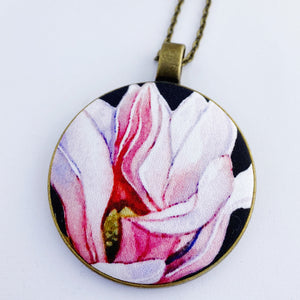 Large pendant necklace- brass- on long bronze chain- with fabric feature- magnolia pinks on black- Hey Jude Handmade