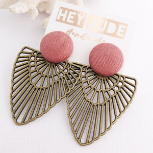 Dusky Pink Stud, Bronze Fan Statement Earrings