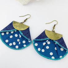 Load image into Gallery viewer, Statement Earrings-Pleated Denim Dangle Earrings-Teal with white polka dots fabric- dark denim reverse- half moon antique bronze feature-bronze ear wires-Hey Jude Handmade