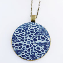Load image into Gallery viewer, Large Pendant Necklace- fabric feature in round brass setting-Flower patterned Denim-on long bronze chain-Hey Jude Handmade