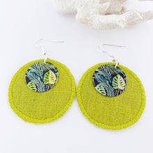 Load image into Gallery viewer, Rustic Linen Dangle Earrings-Chartreuse colour round linen with blue green leaf painted small copper embellishment-silver surgical steel ear wires-Hey Jude Handmade