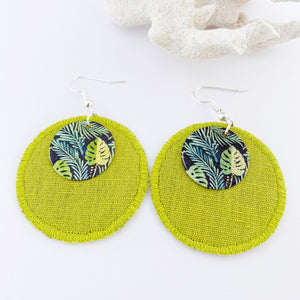 Rustic Linen Dangle Earrings-Chartreuse colour round linen with blue green leaf painted small copper embellishment-silver surgical steel ear wires-Hey Jude Handmade