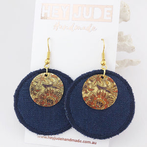 Navy Linen-Dangle Earrings-Copper and Gold embellishment-Hey Jude Handmade