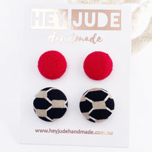 Load image into Gallery viewer, Fabric covered Button Stud Earrings-2 pack of small and medium sized Studs-Hot Cherry Red Linen + Black Taupe pattern-Hey Jude Handmade