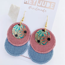 Load image into Gallery viewer, Rustic Stitched Linen Duo Dangle Earrings-Dusky Rose + Duck Egg Blue Linen- with Aqua and pink small round embellishment-Gold coloured ear wires-Hey Jude Handmade