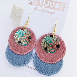 Rustic Stitched Linen Duo Dangle Earrings-Dusky Rose + Duck Egg Blue Linen- with Aqua and pink small round embellishment-Gold coloured ear wires-Hey Jude Handmade