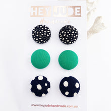 Load image into Gallery viewer, Fabric Button Stud Earrings-3 pack of medium sized Studs-Black pattern, Vivid Green, Ink white spots-Hey Jude Handmade