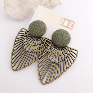 Green Stud, Bronze Fan Statement Earrings